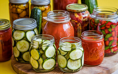 Poster - Many glass jars with canned vegetables on the table. These are pickled cucumbers, zucchini, tomatoes.