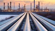 © Olga Gorkun - Industrial pipelines extending towards a refinery at dusk, capturing the essence of the oil and gas industry