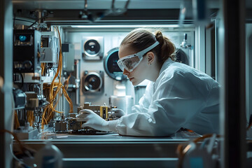 Wall Mural - space scientist photoshoot in clean room with satellite components