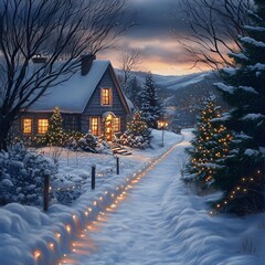 Wall Mural - Winter Pathway with Festive Christmas Lights
