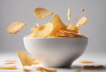 Potato chips flying with cheese powder in white bowl isolated on white background