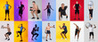 © Prostock-studio - Various men perform distinct workout activities in a colorful backdrop. The image showcases strength training, cardio exercises, and agility drills, highlighting fitness diversity.