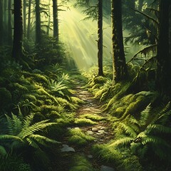 Wall Mural - Tranquil forest path bathed in sunbeams through dense trees