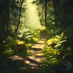 Wall Mural - Sunlit forest path with light streaming through dense trees