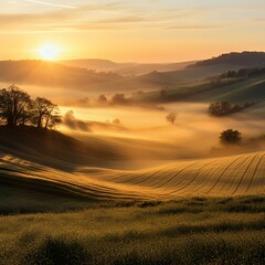 Wall Mural - Morning mist over rolling fields under sunrise glow