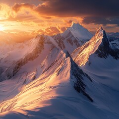 Wall Mural - Warm sunrise over snowy mountain peaks
