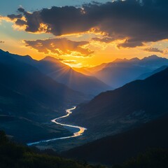 Wall Mural - Scenic sunset above winding river and mountain backdrop