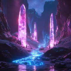 Wall Mural - Bioluminescent crystals in a surreal valley