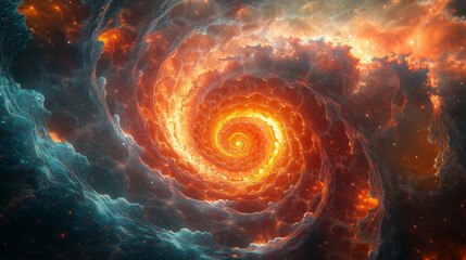 Wall Mural - vivid orange spiral fractal with fluid-like textures swirling into a glowing cosmic abyss
