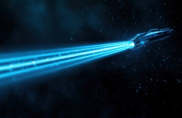 Aufkleber - Side view of a spaceship flying in space, with a blue light trail behind it and a dark background. The ship has a blue glow, and a laser beam is emitting from its back.