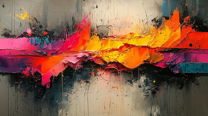 Wall Mural - bold abstract art on canvas with thick paint strokes in vibrant orange pink and red against a textured grey backdrop