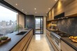 © kucret - Modern kitchen with city view, wood cabinets, dark countertops, and stainless steel appliances.