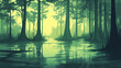 © Thiago - A serene swamp with cypress trees rising from calm, reflective water. Mystify. Illustration