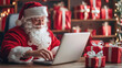 © ELENA AI - Santa Claus sitting at his desk with an open laptop, surrounded by wrapped Christmas presents and shelves of red gift boxes. Perfect for holiday advertising or festive campaigns 2026 - 2027.