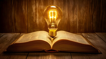 Poster - Light bulb shining on an open book on a rustic wooden table, symbolizing knowledge, creativity, and inspiration