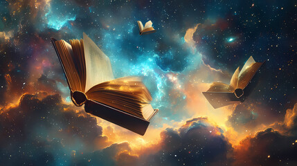 Wall Mural - abstract cosmic landscape with glowing clouds, swirling nebula, and floating books. mystify. illustr