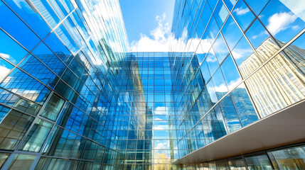 Fototapete - Low-angle perspective capturing the modernity and height of glass skyscrapers reflecting the blue sky and clouds