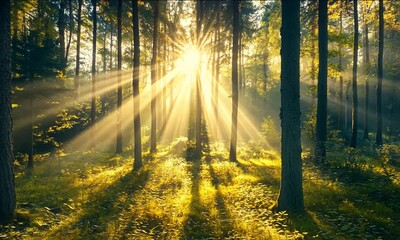 Wall Mural - sunlight streams through trees in a serene forest scene.