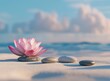© SKIMP Art - a pink lotus flower and balanced stones on the sand in front of a blue sky background, representing tranquility and meditation for a zen spa wellness center banner Generative AI