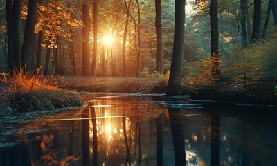 Wall Mural - serene forest at sunset reflecting on calm water.