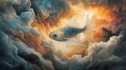 Surreal painting of a fish in zero gravity. Mystify. Illustration