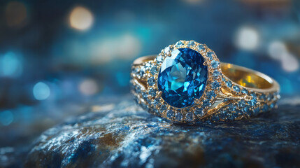 Poster - Gold ring with large blue gemstone and smaller surrounding stones resting on a rock with a blurred blue bokeh background