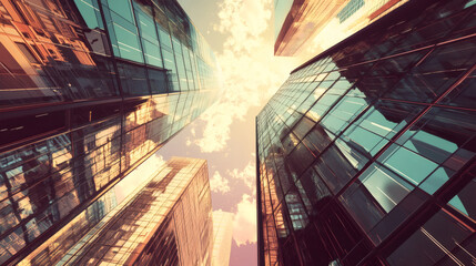 Fototapete - The stunning view of a vibrant modern metropolis in the heart of downtown, with glass skyscrapers reflecting warm sunlight and fluffy clouds