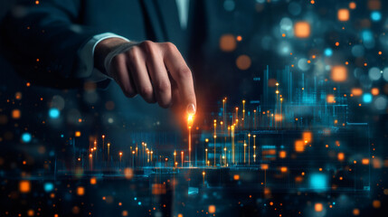 Poster - Businessman touching increasing graph in futuristic virtual reality environment representing financial success