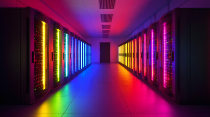 Poster - Rainbow colored lights illuminating server racks in a modern data center, symbolizing diversity and inclusion in technology