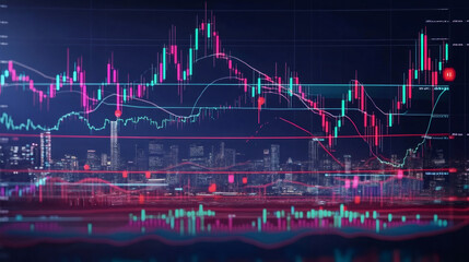 Poster - Vibrant stock market data graph displaying uptrends and downtrends against a city skyline at night