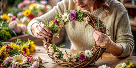 Woman skillfully weaves a wreath of colorful flowers in a cozy workshop setting work florist