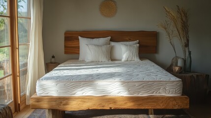 Wall Mural - Cozy Modern Bedroom Interior with Natural Wood Elements and Mattress