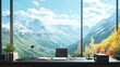© Thiago - Serene mountain vista as immersive virtual meeting background photorealistic detail blends with subtle digital enhancements zeninspired home office setup in foreground. Serenity. Illustration