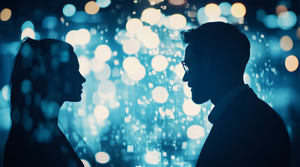 Poster - Business man and business woman silhouettes looking at each other on an abstract blurred blue bokeh background
