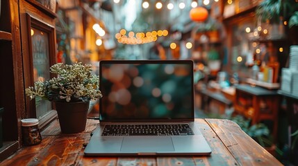 Wall Mural - Photograph of an Open Laptop with a Blurred Background of a Cozy Outdoor Cafe Setting Decorated with String Lights and Potted Plants