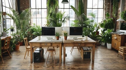 Wall Mural - A beautifully designed home office interior featuring two workstations in a lush green environment with numerous plants and natural wooden furniture aimed at promoting productivity and relaxation