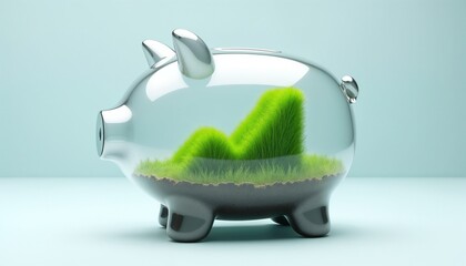 Wall Mural - A glass piggy bank containing a piece of green grass symbolizing sustainable eco-friendly investments and financial growth. Represents the importance of environmental responsibility in financial plan.