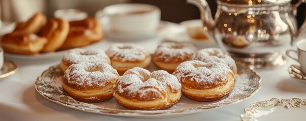an array of flaky danishes, powdered sugar glistening, with coffee served in a vintage pot, elegant 