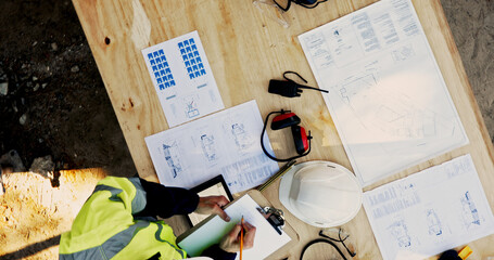 Aufkleber - Blueprint, construction and person at table with layout, checklist and inspection paperwork from above. Architect, building project and contractor on site with floor plan, clipboard and safety gear
