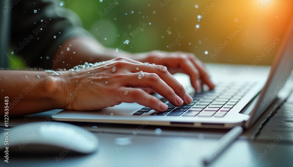 Person types on laptop keyboard on hot summer day. Hands covered with ...