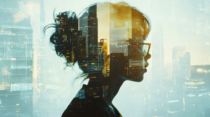 Poster - Businesswoman blending into illuminated city skyline at sunset, representing connectivity with smart city technology and digital advancement