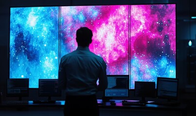 online marketing professional analyzing performance metrics on a large monitor
