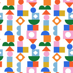 Leinwandbilder - Abstract vintage style seamless pattern with colorful geometric shape decoration. Flat building block cartoon background, simple tower shapes in bright childish colors. Scandinavian concept print.