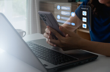 contact us, chatbot conversation assistant. woman use online customer service with chatbot to get su