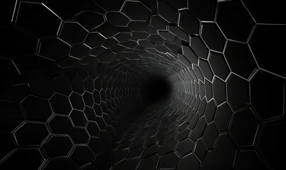 On a black background, an abstract tech tunnel made of hexagonal mesh is depicted. Three-dimensional illustration.