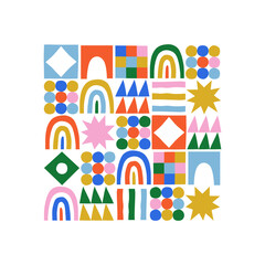 Leinwandbilder - Fun colorful geometric shape set. Abstract retro children style art element for kids, trendy design with geometry mosaic shapes. Simple childish patchwork clip art decoration.