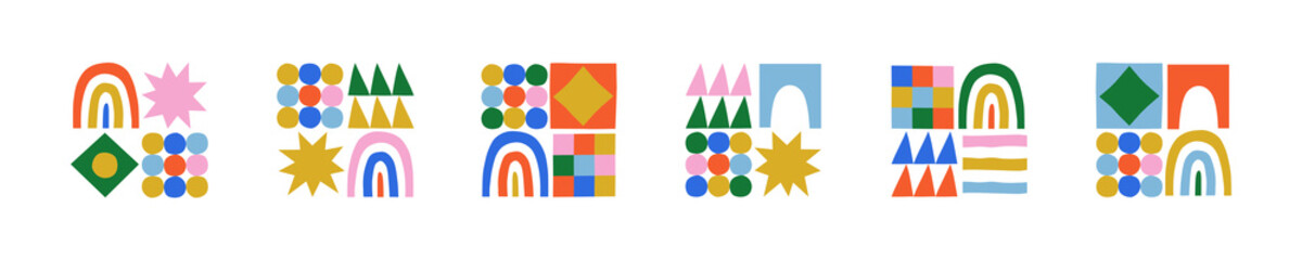 Leinwandbilder - Fun colorful geometric shape set. Abstract retro children style art element for kids, trendy design with geometry mosaic shapes. Simple childish patchwork clip art decoration.