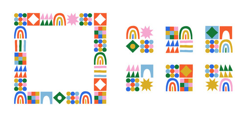 Leinwandbilder - Fun colorful geometric shape set. Abstract retro children style art element for kids, trendy design with geometry mosaic shapes. Simple childish patchwork clip art decoration.