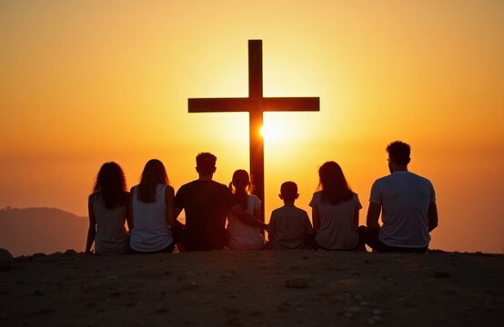 family sits on hilltop at sunset gazing at large cross. religious family moment. warm colors of sky.
