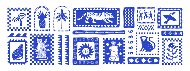 Wall Mural - retro hand drawn tropical summer shape set. jungle nature illustration collection. vintage exotic cl